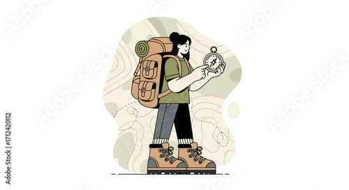 Adventurous Hiker Using Compass To Navigate And Explore Natural Environment