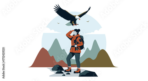Adventurous Hiker Watching Eagle Flying Over Majestic Mountains During Their Outdoor Expedition