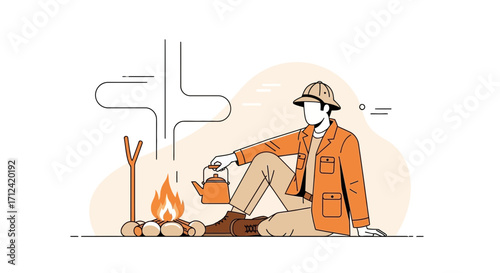 Adventurer Brewing Tea at Campsite Depicted with Stylish Flat Minimalist Illustration
