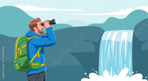 Adventurous Man Exploring Nature with Binoculars Near a Majestic Waterfall View