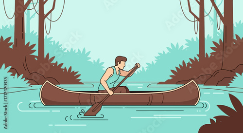 Adventurous Man Paddling Canoe Through Serene Waterway Surrounded By Thriving Nature and Rich