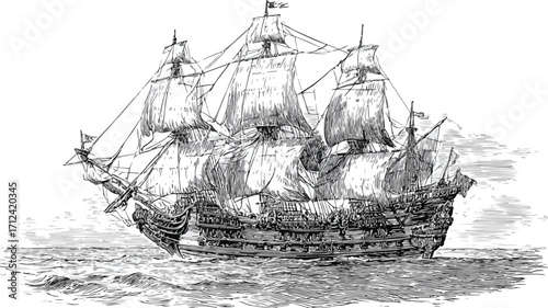 Vintage Engraved Pirate Ship Vector Illustration
