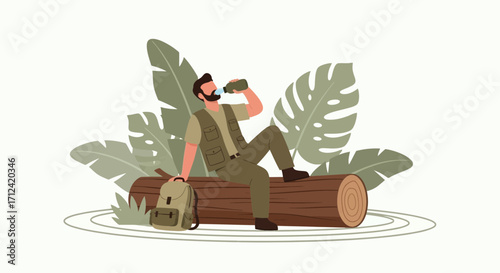 Adventurous Man Refreshing Himself After Hiking Amidst Lush Tropical Foliage