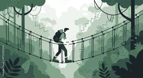 Adventurer Crossing Hanging Bridge In Lush Jungle Amidst Overgrown Canopies View