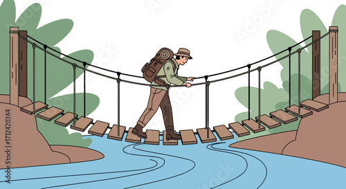 Adventurer Crossing Primitive Bridge Over Azure River Towards The Green Environment