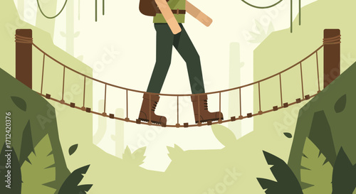 Adventurer Crossing Rope Bridge Jungle Illustration with Sturdy Boots in Nature