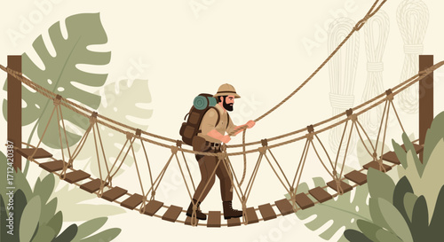 Adventurer Crossing Rope Bridge In The Jungle, Danger, And Exploration Concept