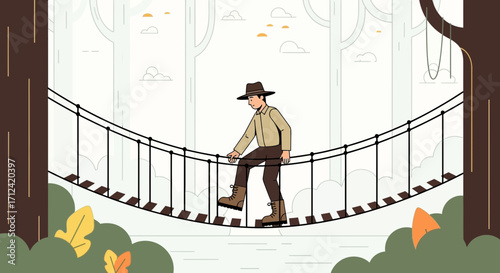 Adventurer Crossing Suspension Bridge in Forest during a Sunny Day in Illustrated Style