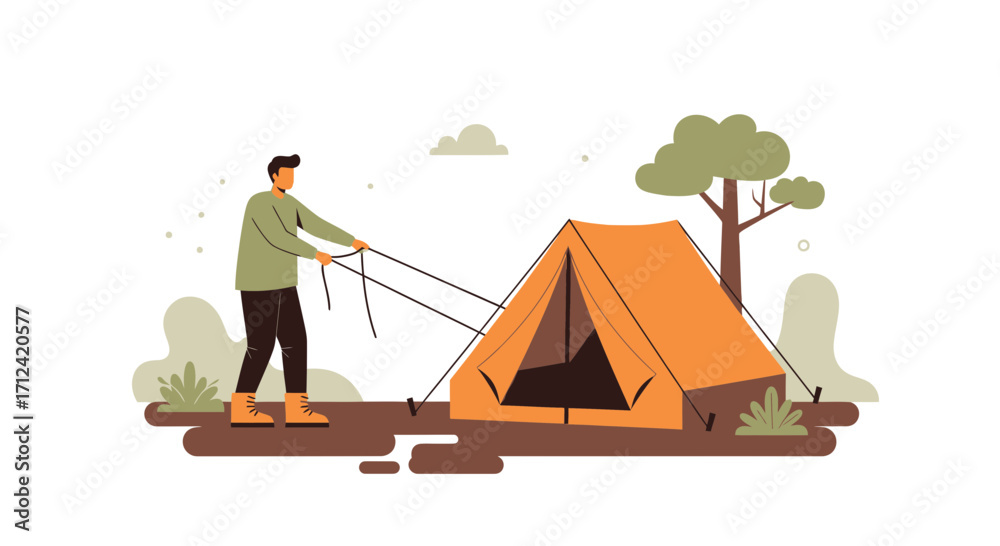 Fototapeta premium Adventurous Person Pitching Camp Tent Outdoor In Park For Recreational Fun, Nature Concept