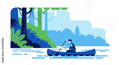 Adventurous Paddler Exploring Tranquil Waters Through Verdant Jungle Artwork Illustration