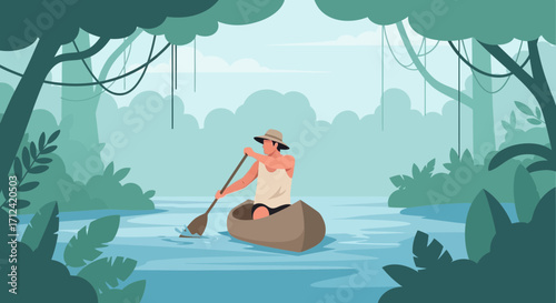Adventurous Paddler Navigates Lush River, Exploring Verdant Jungle Waters in a Canoe