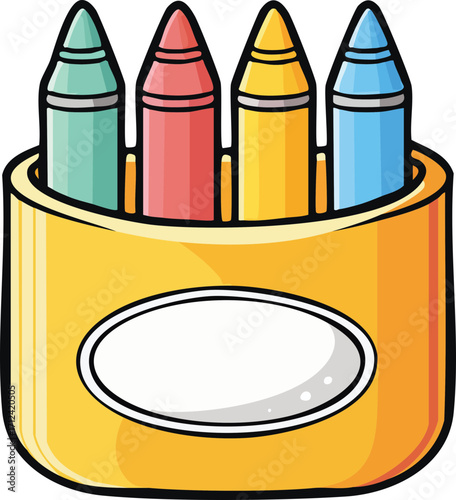 Vector cartoon illustration of colorful wax crayons in a box for drawing and creativity.