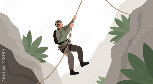 Adventurous Person Descending Via Rope In The Mountains With Safety Equipment And Plants At Sides