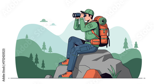 Adventurer Discovering Landscapes With Binoculars Seated On A Rock, Illustration Design
