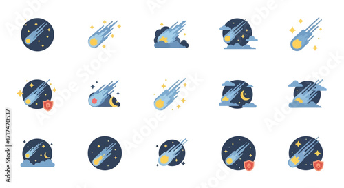 A diverse set of modern flat style meteor and comet icons.