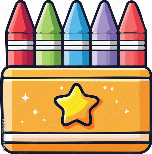 Vector cartoon illustration of colorful wax crayons in a box for drawing and creativity.