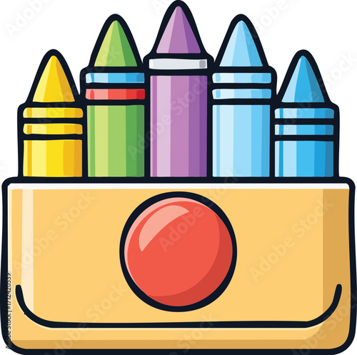 Vector cartoon illustration of colorful wax crayons in a box for drawing and creativity.