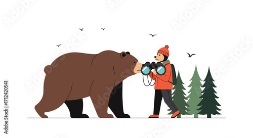 Adventurer Discovers a Bear and Observes Wildlife in the Forest with Binoculars