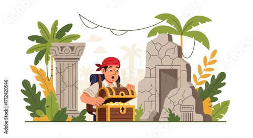 Adventurer Discovering Treasure in Ruined Fortress with Tropical Surroundings