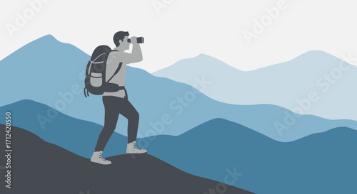 Adventurous Person Mountain View Using Binoculars Searching For Stunning Sceneries