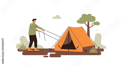 Adventurous Person Pitching Camp Tent Outdoor In Park For Recreational Fun, Nature Concept