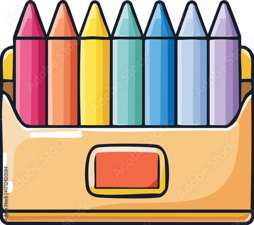 Vector cartoon illustration of colorful wax crayons in a box for drawing and creativity.