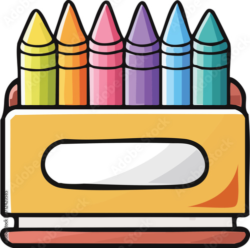 Vector cartoon illustration of colorful wax crayons in a box for drawing and creativity.