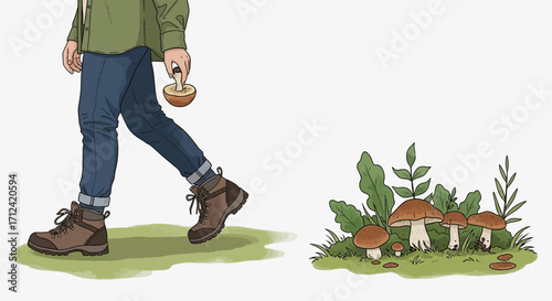 Adventurer Discovers Edible Mushrooms While Hiking Through the Forest Depiction