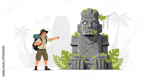 Adventurer Discovers Ancient Monument: Excitement and Discovery in Tropical Landscape Illustration