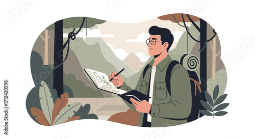 Adventurous Person Sketching Nature Scenes While Hiking Through The Mountainous Terrain
