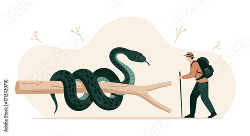 Adventurer Encounters a Venomous Snake on a Trail Illustrated with Flat Vector Style