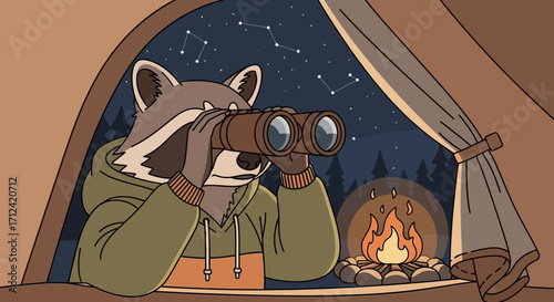 Adventurous Raccoon Stargazing With Binoculars And Cozy Fire Near The Forest