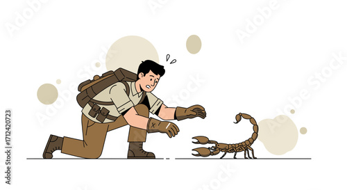 Adventurer Encounters Large Scorpion in a Desert Environment with a Worried Expression
