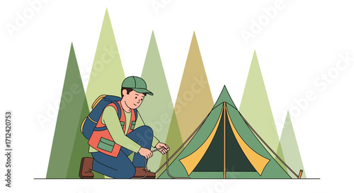 Adventurer Erecting Tent During A Camping Trip In The Mountains, Enjoying Nature