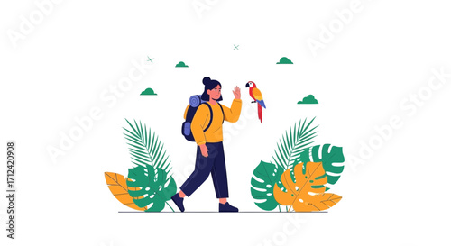 Adventurous Traveler Greetings a Colorful Parrot During Her Tropical Exploration Journey