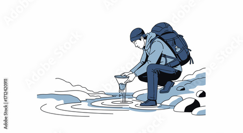 Adventurous Traveler Filtering Fresh Water From a Mountain Stream For Hydration