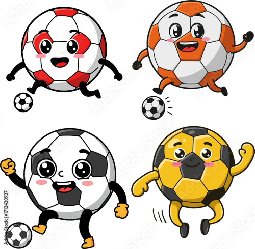 Collection of cartoon soccer balls with happy faces playing a game of soccer and dribbling with joy and excitement