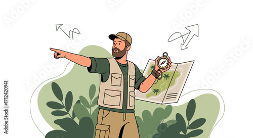 Adventurer Explores New Territory, Navigating With Compass, Location Illustrated