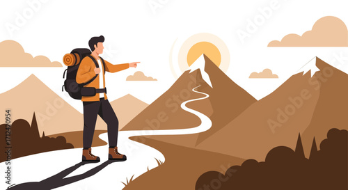 Adventurous Traveler Points Towards Peak, Representing Ambition And Exploration Journey