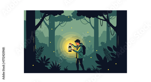 Adventurer Exploring A Mystical Forest, Illuminated By A Glowing Lantern, In The Dark