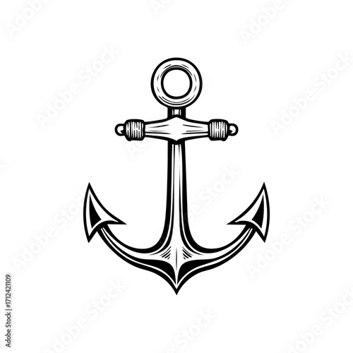 Vintage anchor illustration, nautical symbol, maritime design, detailed black and white engraving style, vector graphic, isolated on white background, classic marine emblem, retro engraving effect