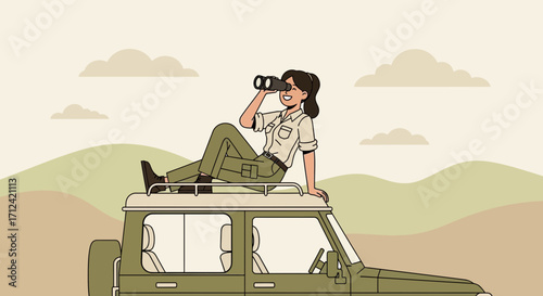 Adventurous Woman Enjoying Wilderness Views While Observing Wildlife Through Binoculars