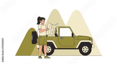 Adventurous Woman Exploring Wilderness With 4x4 Off-Road Vehicle In The Mountains