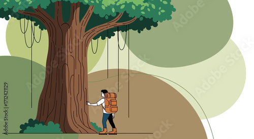 Adventurer Exploring Majestic Tree in Nature's Embrace With Vibrant Green Elements