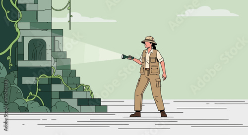 Adventurous Woman Exploring The Ancient Temple, Discovering Lost Civilizations, and Mysteries