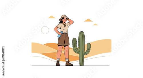 Adventurous Woman Exploring Desert Landscape Near a Large Cactus Under Sunny Skies