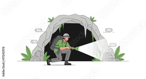 Adventurer Exploring Into Dark Cave Using Flashlight, Illustration Inside The Earth