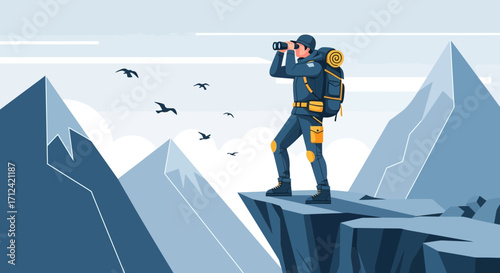Adventurer Exploring Mountains With Binoculars Overlooking Magnificent Scenery and Birds