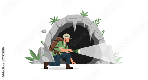 Adventurer Exploring Underground Cave Illuminated By Flashlight Depict Digital Vector Illustration