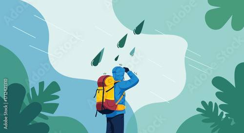 Adventurer gazes at the sky in drizzle amidst the natural landscape hoping adventure continues